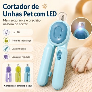 Cortador de Unhas para Cães e Gatos com LED, Trava de Segurança, Capa Anti-Resíduos e Lixa Embutida