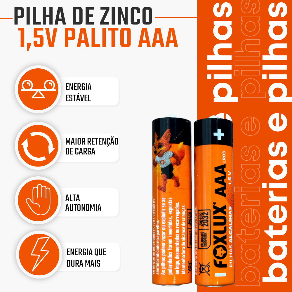 Pilha Alcalina AAA Palito Foxlux 1,5V LR03 Kit com 2