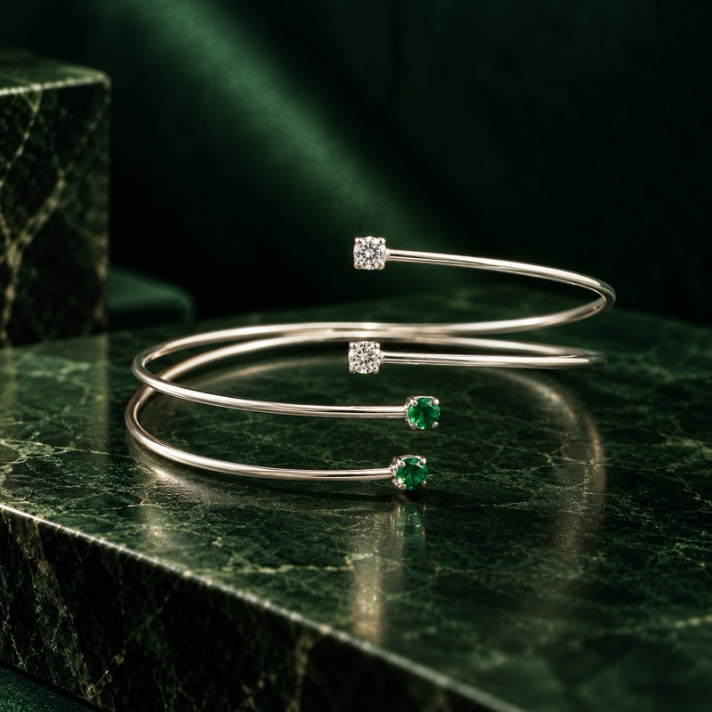 Bracelete Fio Duplo Ponto de Luz e Zircônia Verde em Prata 925