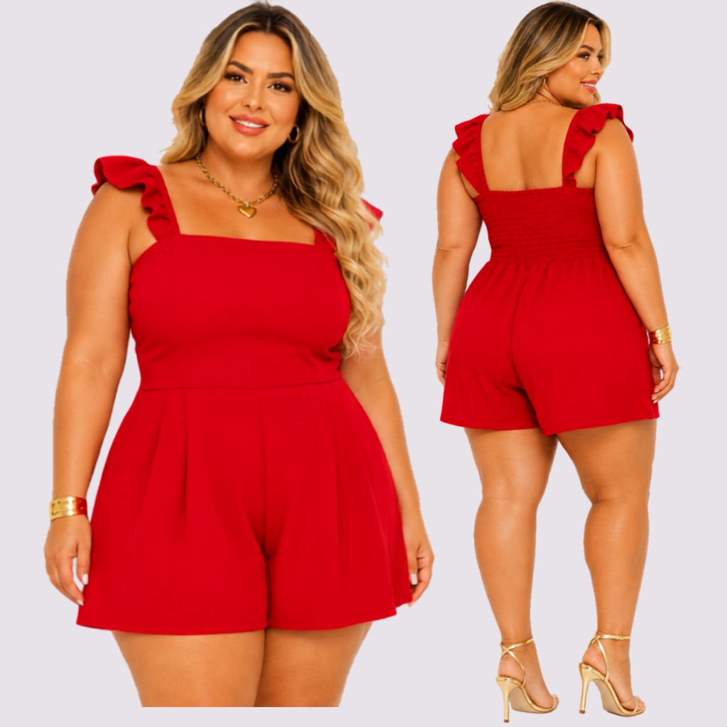 Macaquinho Soltinho Plus size de alça,lastex nas costas,cintura marcada tendencia verão casual boho ch
