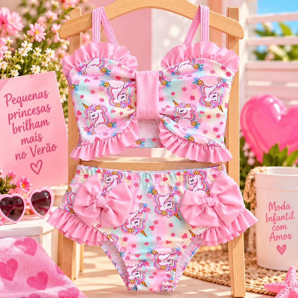 Biquíni Infantil Menina Estampado com Babados e Laços | Moda Praia Verão 4 a 12 Anos
