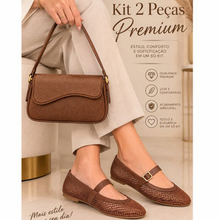 Kit Sapatilha Feminina e bolsa baguet Bico Redondo com Fivela Elegante e Detalhe em Tela – Confortável e Estilosa