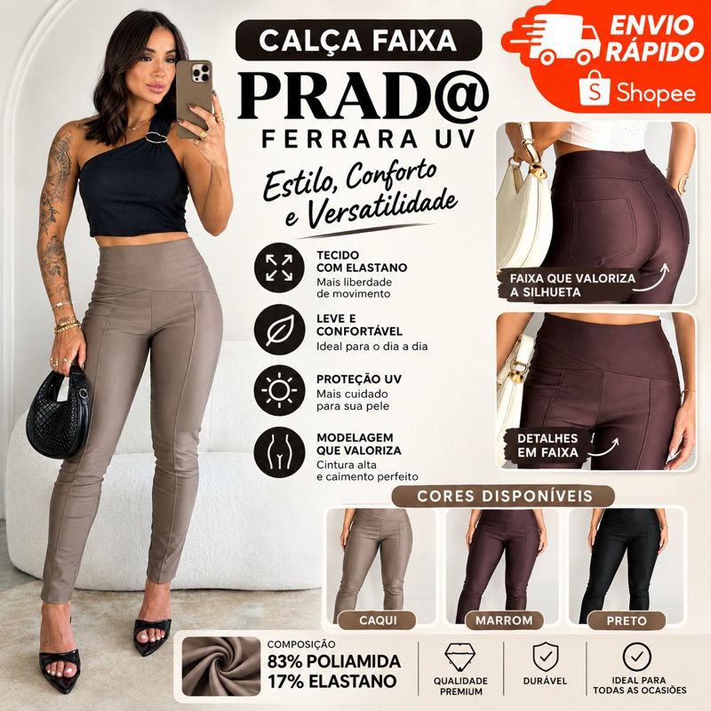 Calça feminina faixa Modeladora malha Prado Skinny sem zíper com bolso atrás