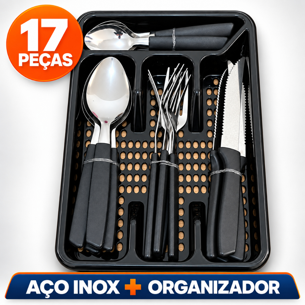 Jogo de Talheres 17 Peças Aço Inox com Porta Talheres Organizador Preto Kit Faqueiro Cozinha