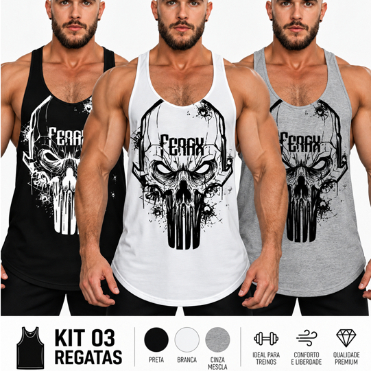 Kit 3 Regatas Masculinas Cavadas Academia Fitness Treino Musculação Estampadas Justiceiro