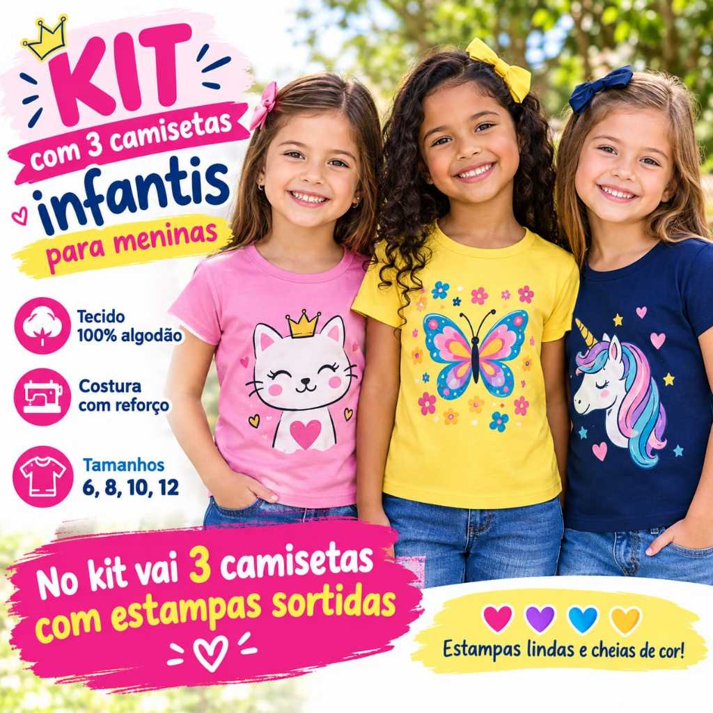 kit 3 camisetas infantil para meninas 100% algodão estampas sortidas tamanhos 6 8 10 12