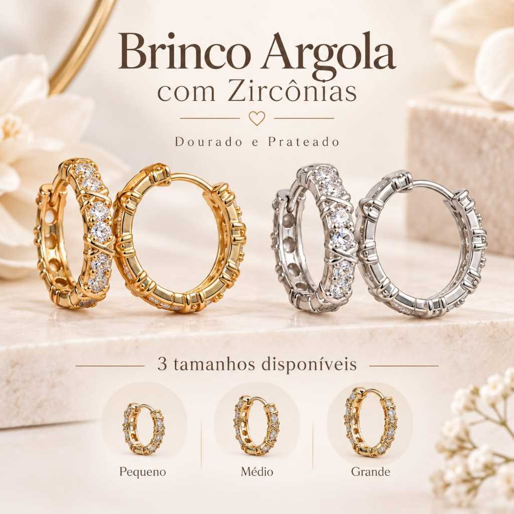 Brinco Argola Feminina com Pedras Brilhantes – 3 Tamanhos – Dourado e Prateado