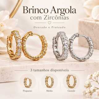 Brinco Argola Feminina com Pedras Brilhantes – 3 Tamanhos – Dourado e Prateado