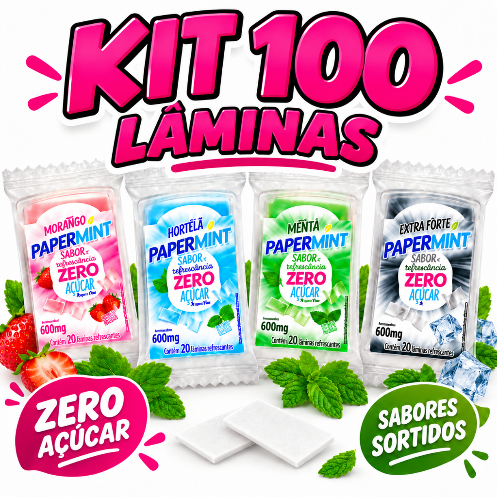 Kit 100 Lâminas Refrescantes Papermint Bala Zero Açúcar Comestível