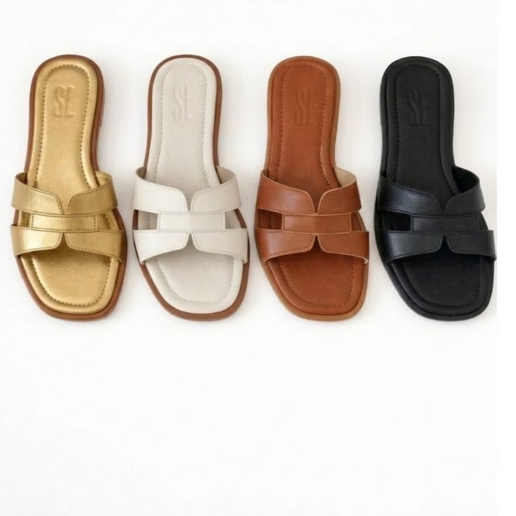 Rasteirinha Feminina Estilo H Confortável Elegante Sandália Slide Casual Preto Off White Caramelo