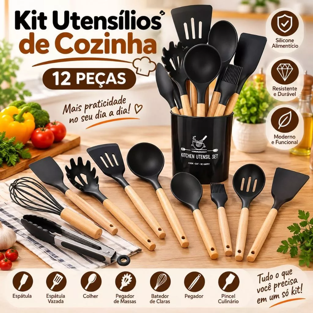 Kit de Utensílios Completo Em Silicone Cabo de Madeira Resistentes ao Calor Design Moderno — imagem 1