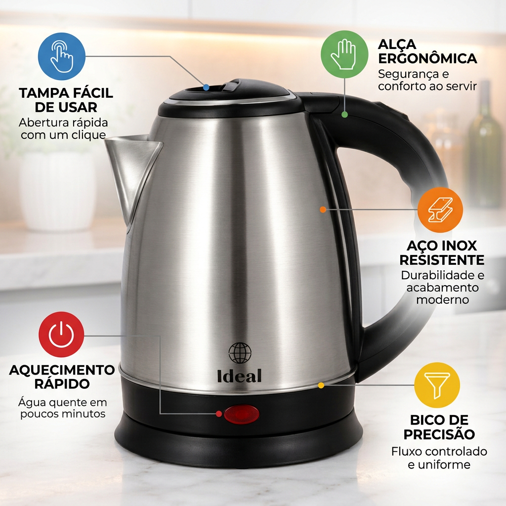 Chaleira Elétrica Inox 1.8 Litros 220v Super Potente 1500w Ferve Água Rápido Café Chá Com Desligamento Automático Jarra