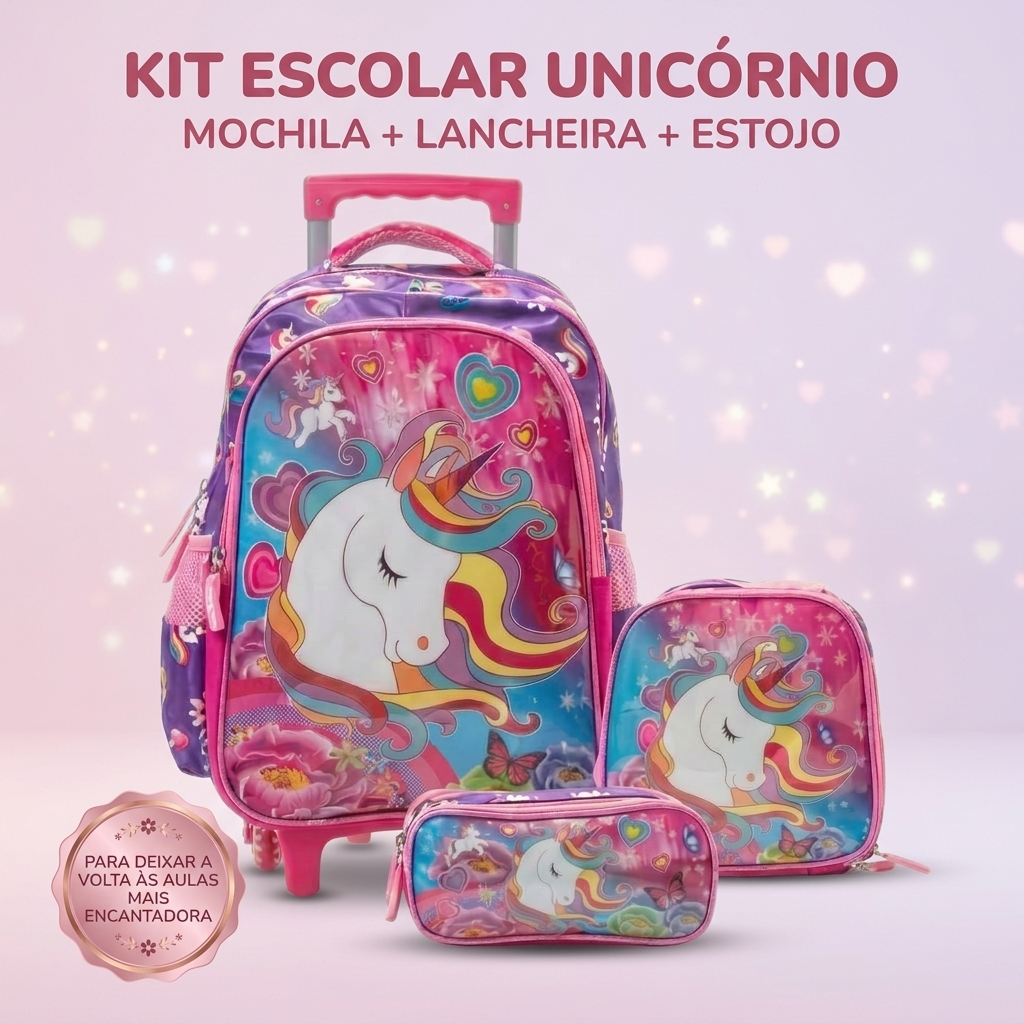 Kit Mochila Infantil Unicórnio Menina com Rodinhas de Silicone + Lancheira Térmica + Estojo