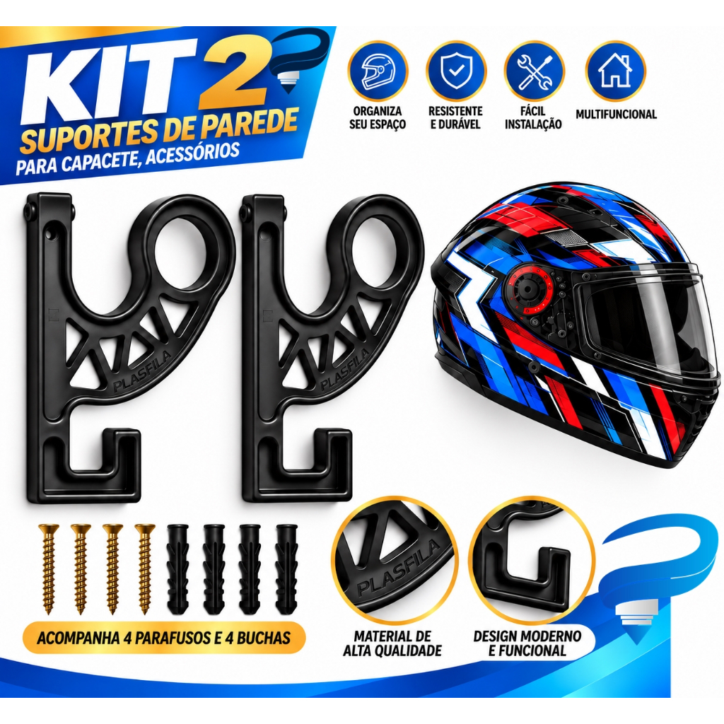 Kit 2 Suportes Gancho Parede Capacete Moto Bike Organizador Boné Mochila Jaqueta Chaves Acessórios Garagem Oficina Casa