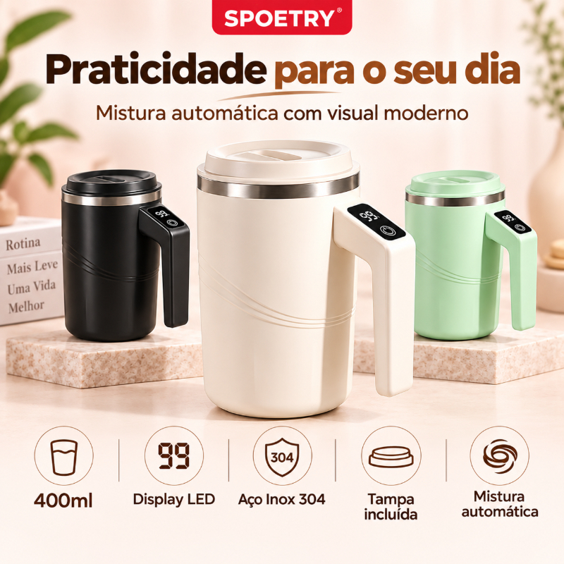 Caneca Elétrica Misturadora 400ml Magnética com Display LED e Aço Inox 304 para Café, Leite e Shake