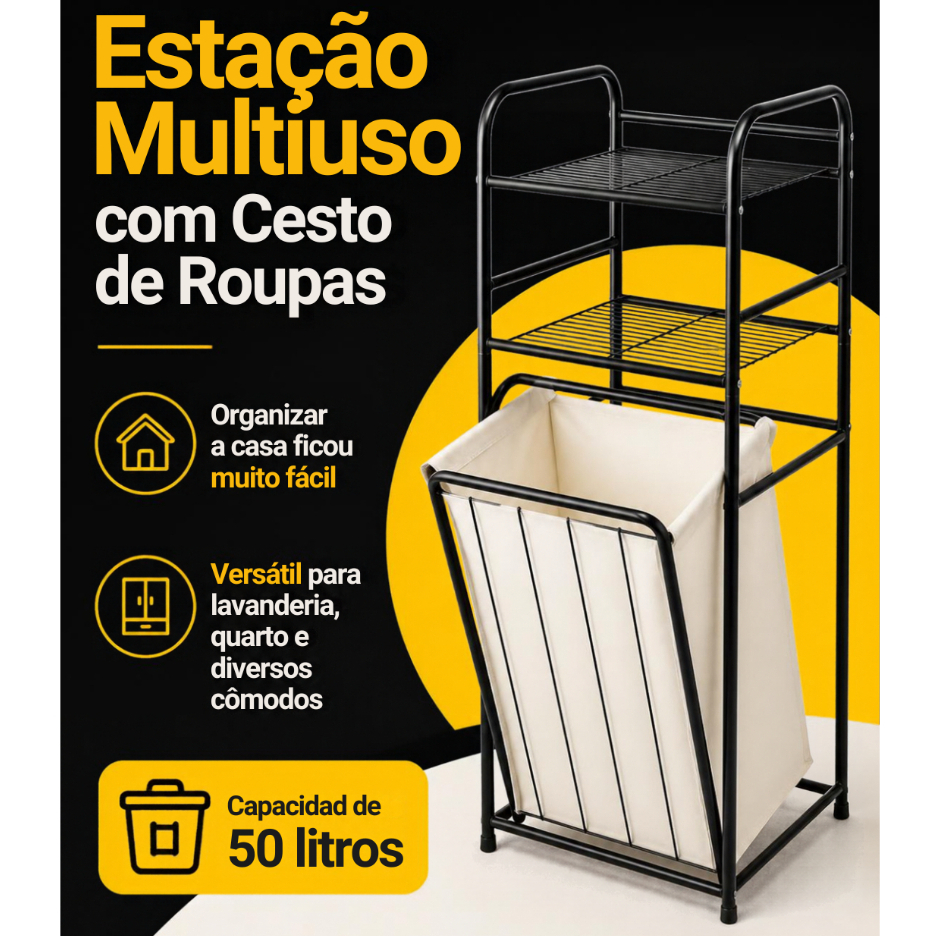 Estação Multiuso Prateleira Com Cesto De Roupas 50 Litros - Mor Sapateira Aramado
