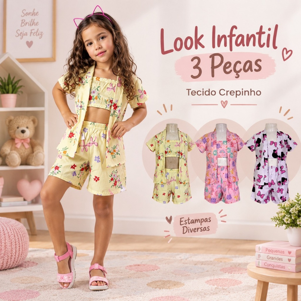 Conjunto Infantil Feminino 3 Peças Menina Cropped Kimono Short Crepinho Estampado Verão 4 e 6 Anos