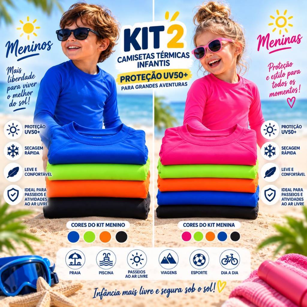 Kit 2 Camiseta Térmica Infantil Juvenil Proteção Solar UV50+ Manga Longa Menino Menina Praia Piscina