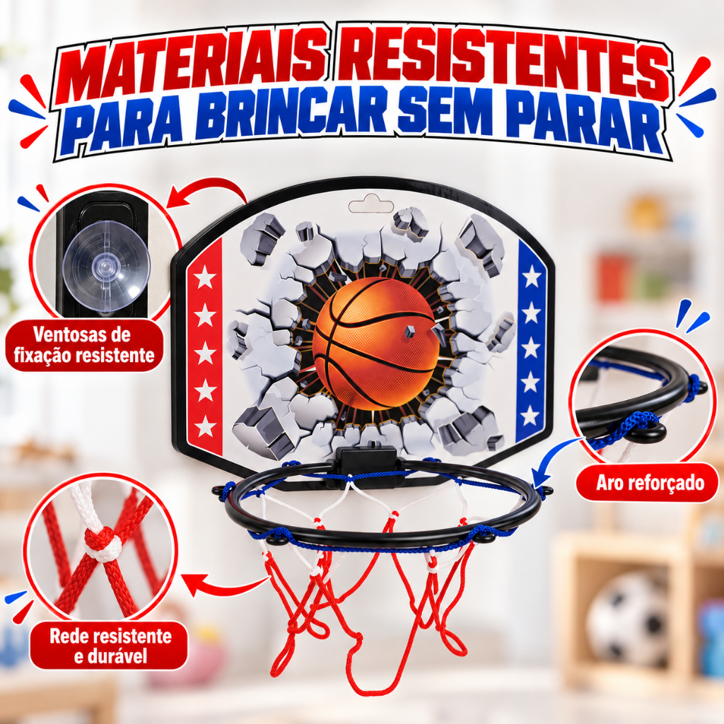 Cesta de Basquete Infantil Kit Completo Tabela 30x24cm Aro Rede e Bico Inflador Fixação por Ventosa Sem Furar Parede — imagem 2 de 2