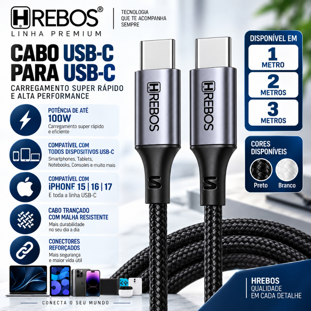 Cabo Tipo C 100w Turbo 1m 2m 3m Trançado Nylon Celular Notebook Tablet Samsung Iphone 15 16 17