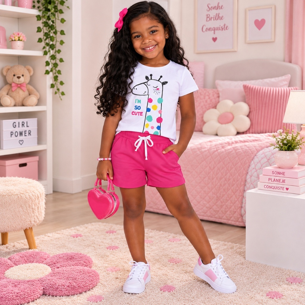 Conjunto Infantil Menina Camiseta E Short Cotton 04 Ao 08 Roupa Verão Feminina Blusa Estampada Dia das Crianças