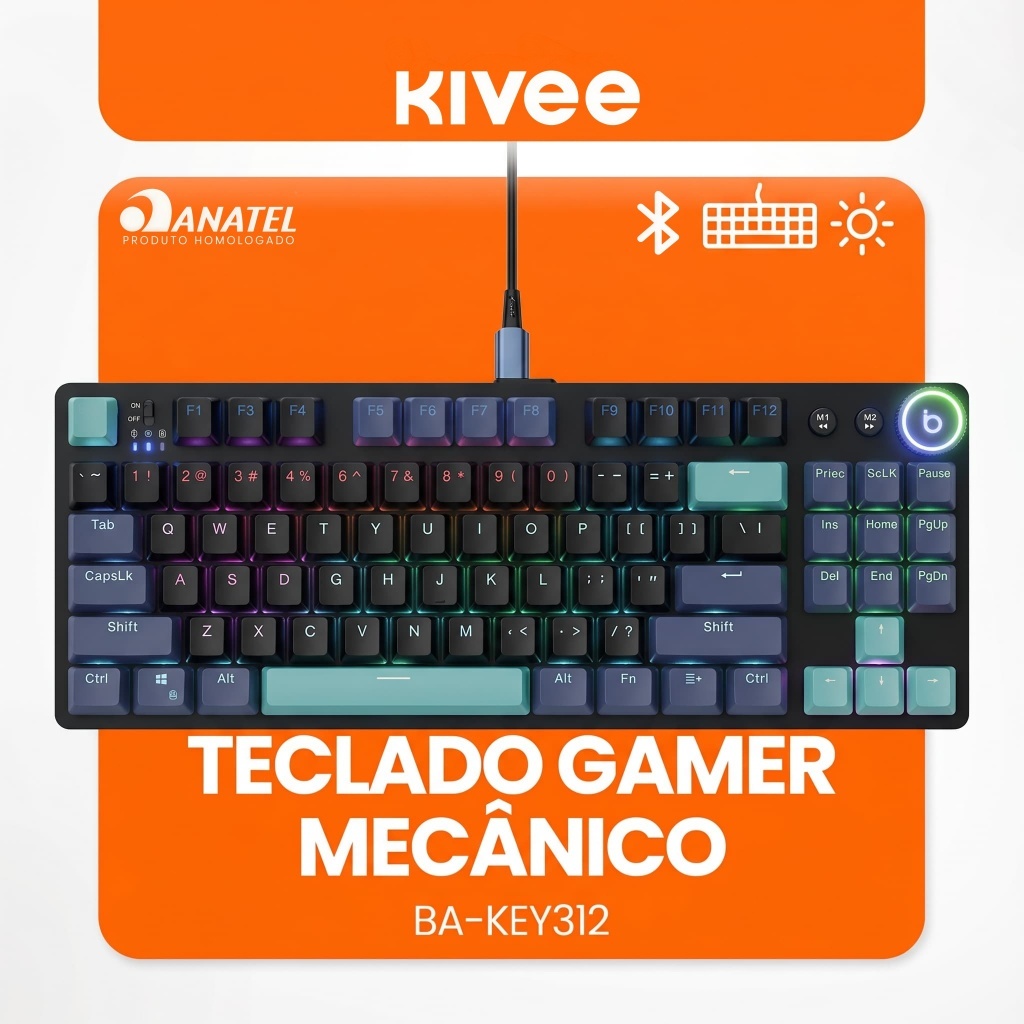Kivee X Basike Teclado Mecânico Gamer Triplo Modo RGB Bluetooth 2.4G Fio Bateria 2000mAh Longa Duração KEY312