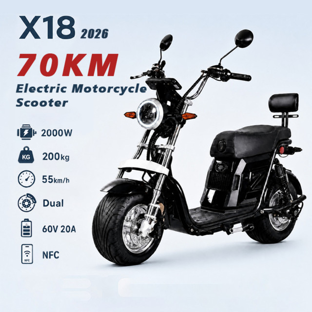 Scooter Moto Elétrica X18, Bateria Lítio 60V 20Ah, NFC, Amortecedor Duplo, 200kg, 55km/h, Autonomia Máxima 70km