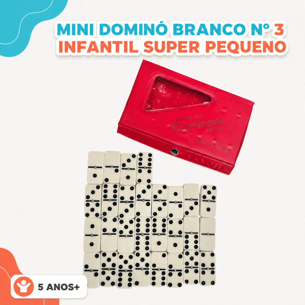 Jogo de Dominó Mini Branco Nº 3 Infantil Super Pequeno 28 Peças Estojo Portátil com Visor e Fechamento por Botão