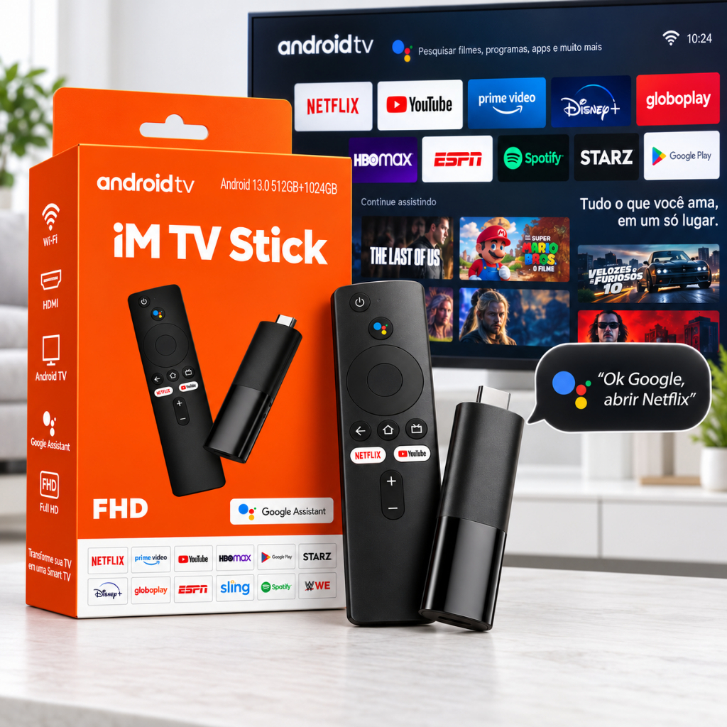 Android TV Stick Conversor Smart Full HD 1080p WiFi Dual Band 2.4G 5G HDMI Controle Remoto Comando de Voz