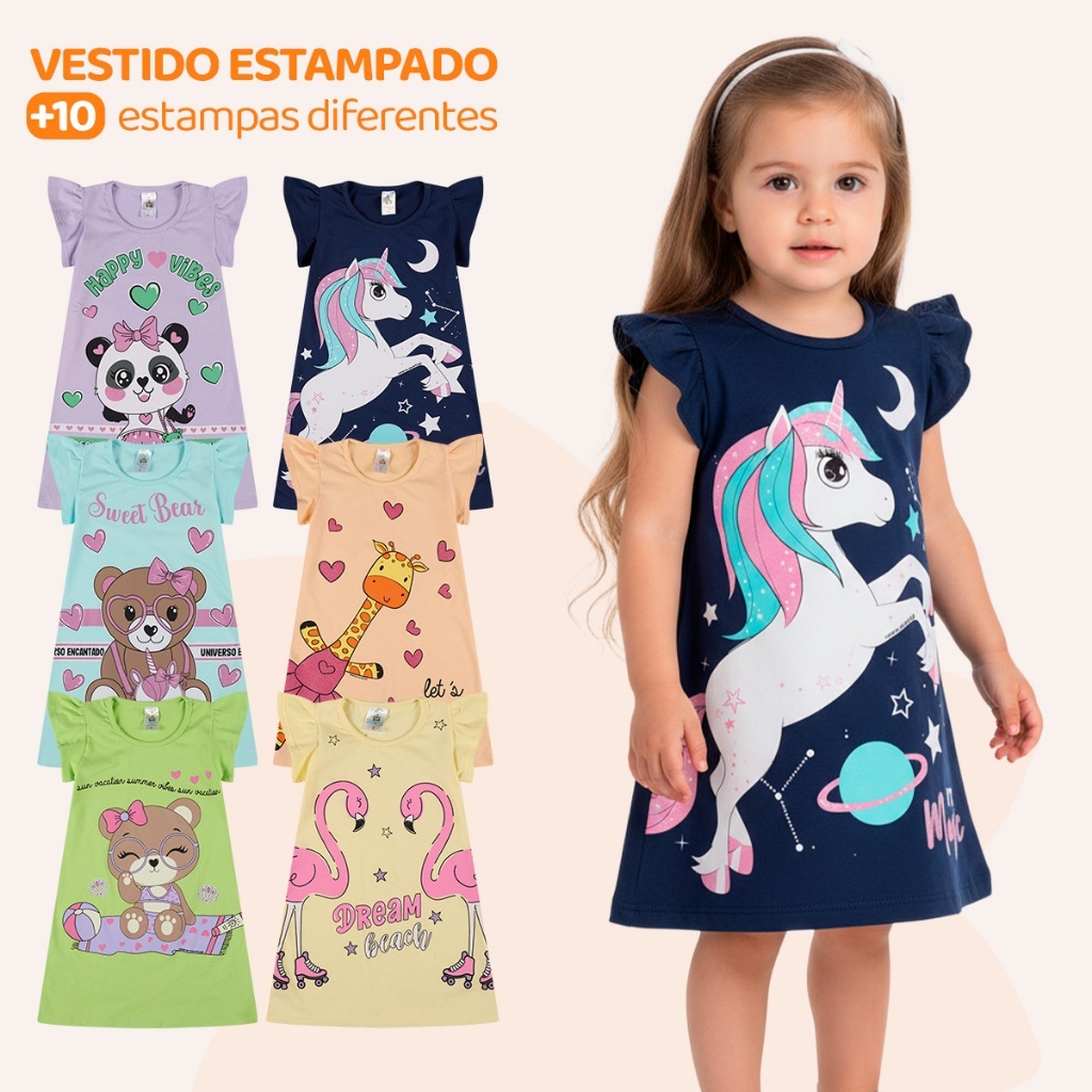 Kit 4 Vestido Bebe Menina Verão Estampados 100% Algodão com Mangas Franzidas - Kit Sortido Tamanhos 1 ao 10