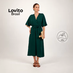 Lovito Vestido Feminino Midi Evase Viscose Moda Manga Curta DRB20632093