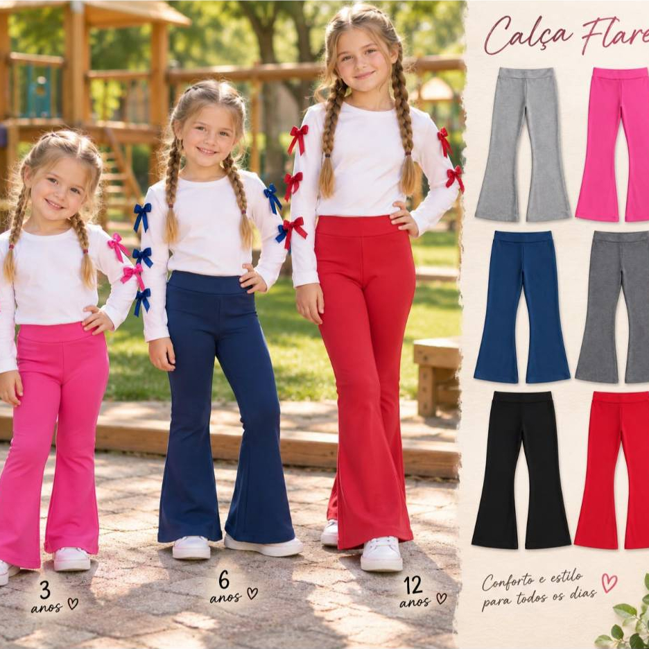 Calça Legging  flare Infantil 1 ao 14 em Cotton para Meninas - Leg flare Lisa
