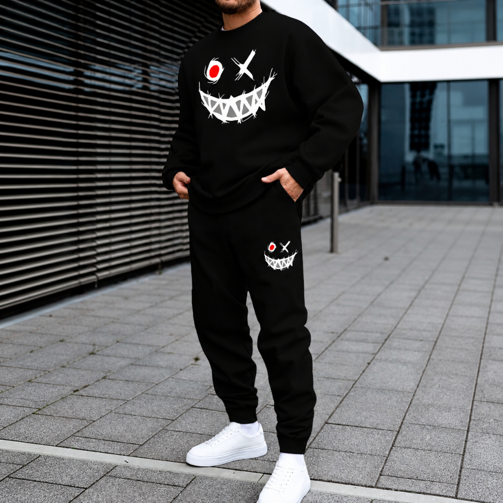 Conjunto Moletom Unissex Smiley Blusa Gola Careca + Calça Flanelado Streetwear Inverno P ao GG