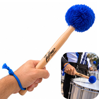 Baqueta Maçaneta Azul para Surdo Menor Bumbo Fanfarra Banda Marcial Cabo Madeira Ponta Pelúcia