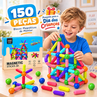 Kit Blocos Magnéticos Hastes e Bolas 150 Peças Brinquedo Montar Educativo Construção 3D STEM Presente Dia das Crianças