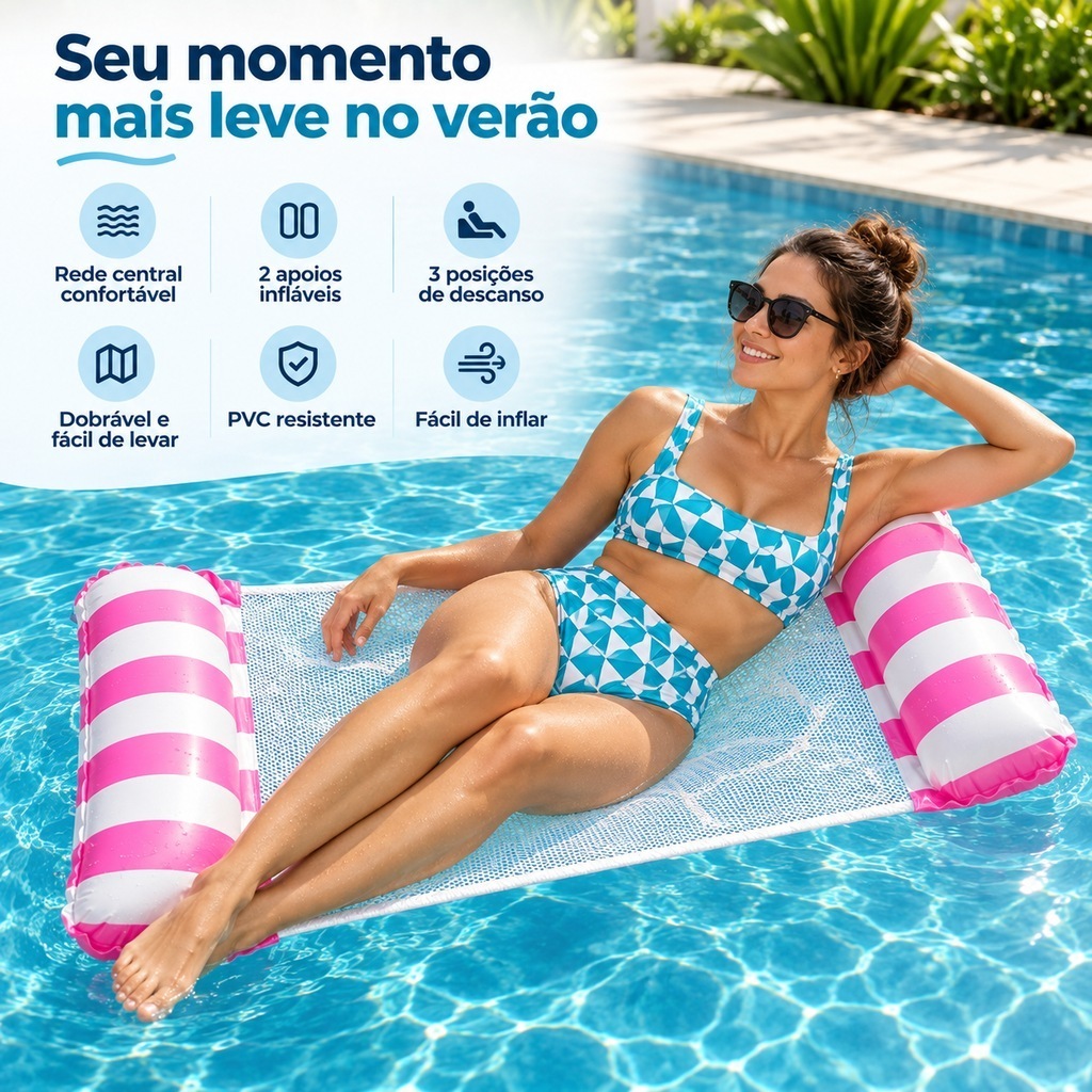 Bóia De Piscina Inflável Com Rede Flutuante Colchão De Água Reclinável E Confortável
