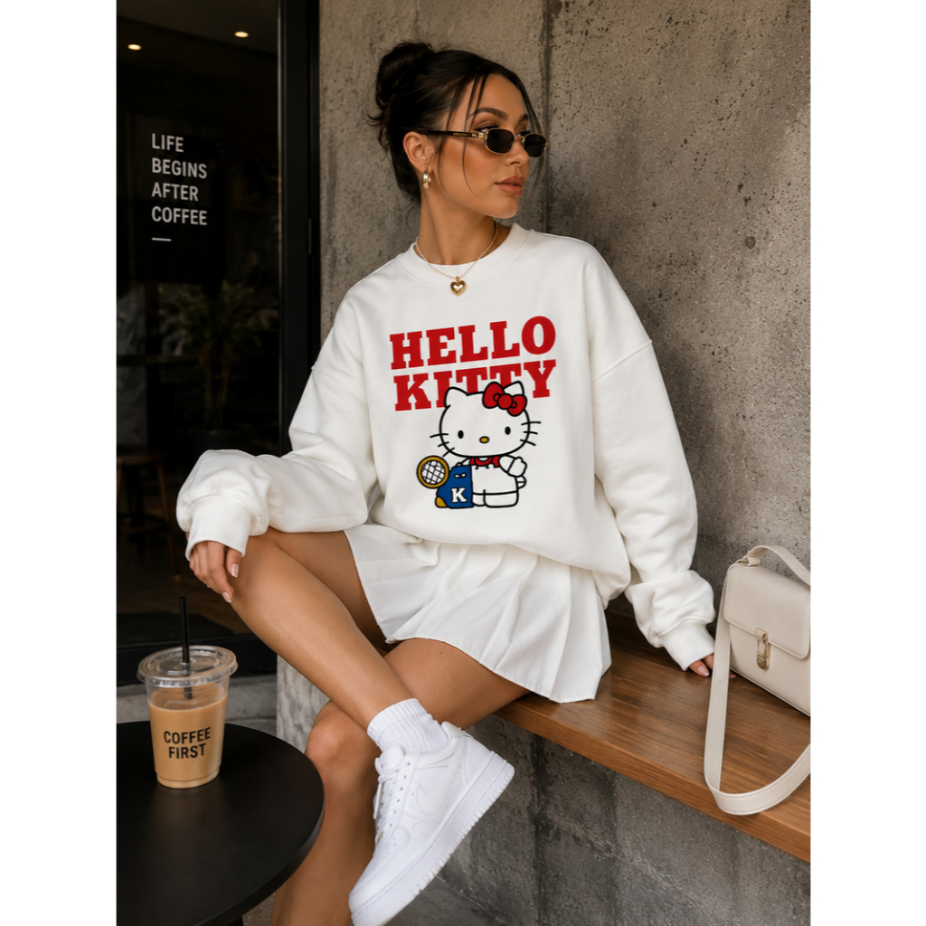 Moletom Careca Hello Kitty Unissex Flanelado Casual Inverno Fofo Confortável Estampado