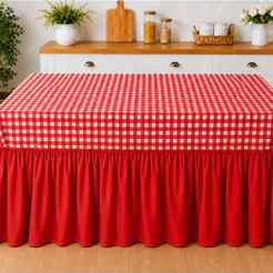 Toalha de Mesa Farm Xadrez Babado Até o Chão Oxford Fio Tinto 4, 6, 8, 10 E 12 Lugares Buffet e Eventos