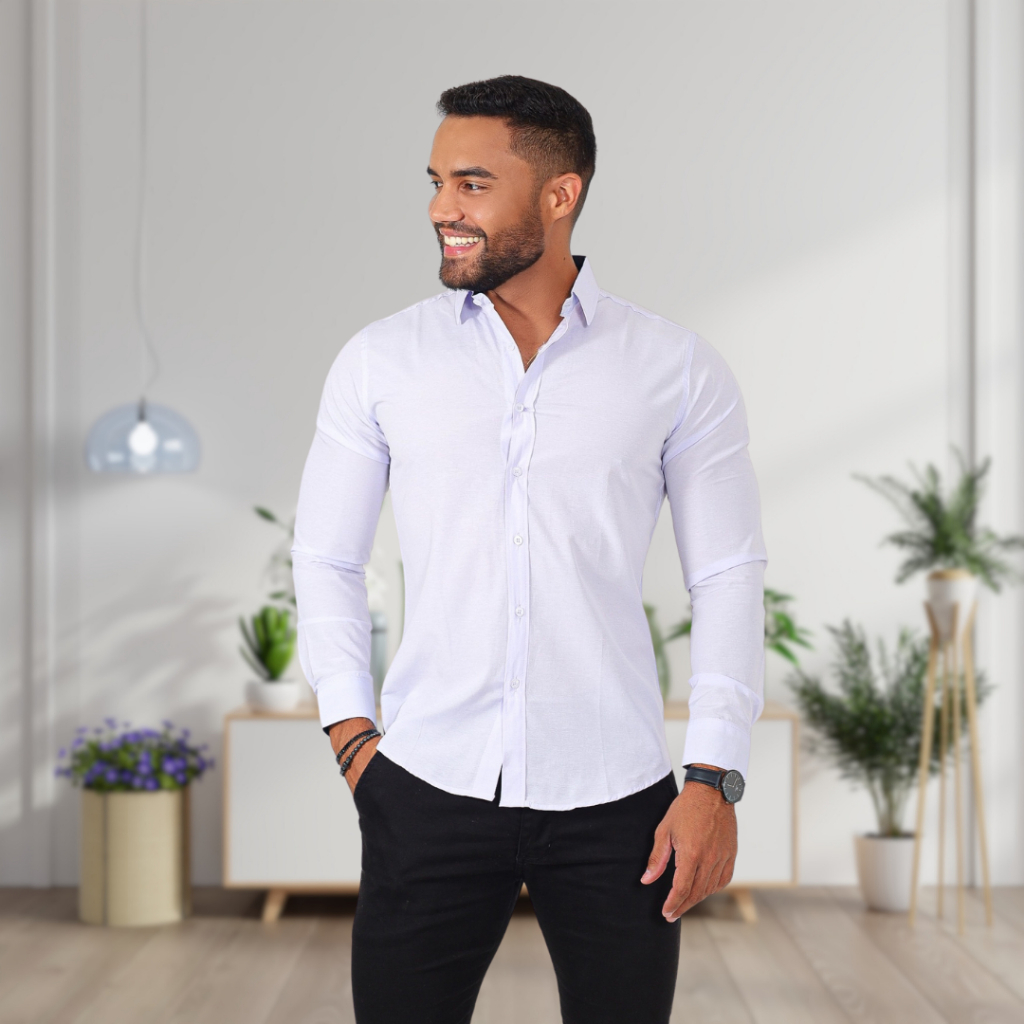 Camisa masculina social slim manga longa lisa luxo sem bolso algodão oferta não amassa e não desbota