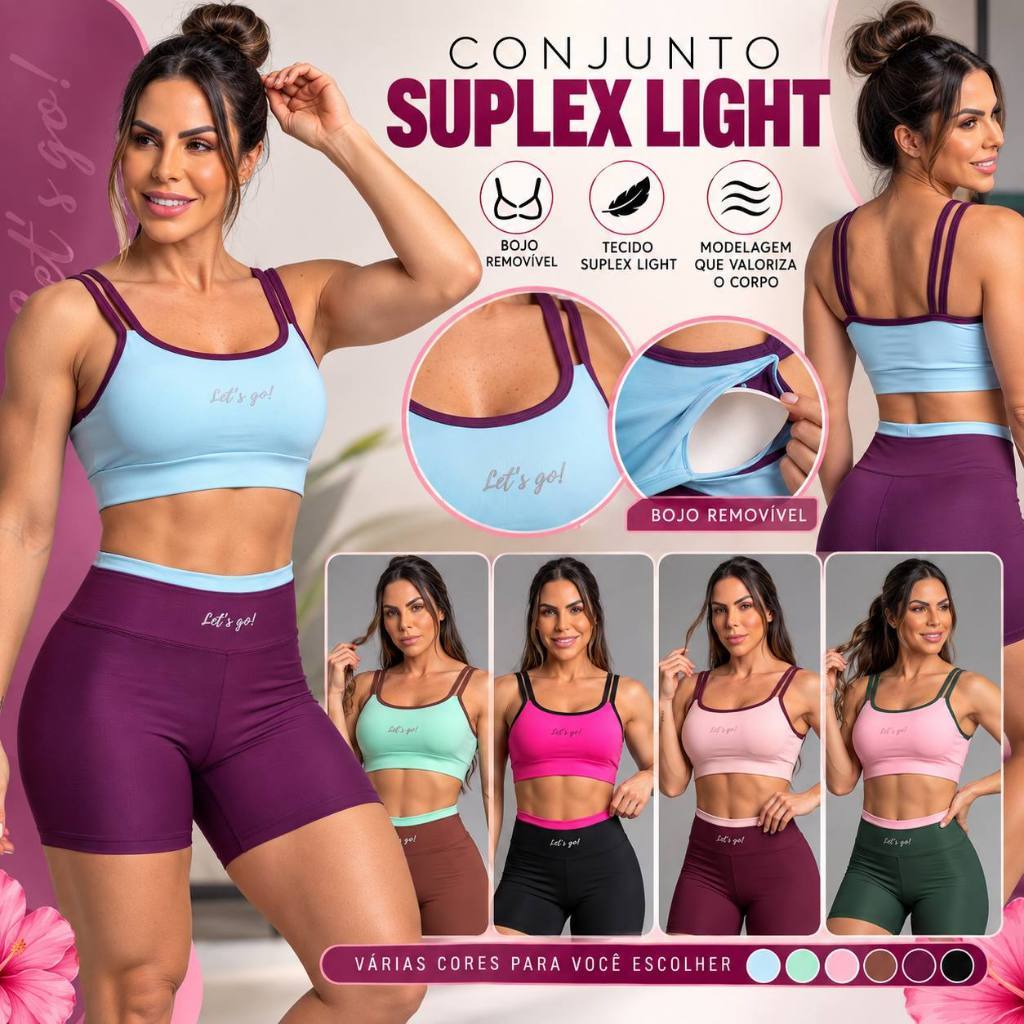 CONJUNTO SHORT E TOP FITNESS LETS GO TOP ALÇA DUPLA  BICOLOR SHORT TREINO ACADEMIA TOP COM BOJO REMOVIVEL