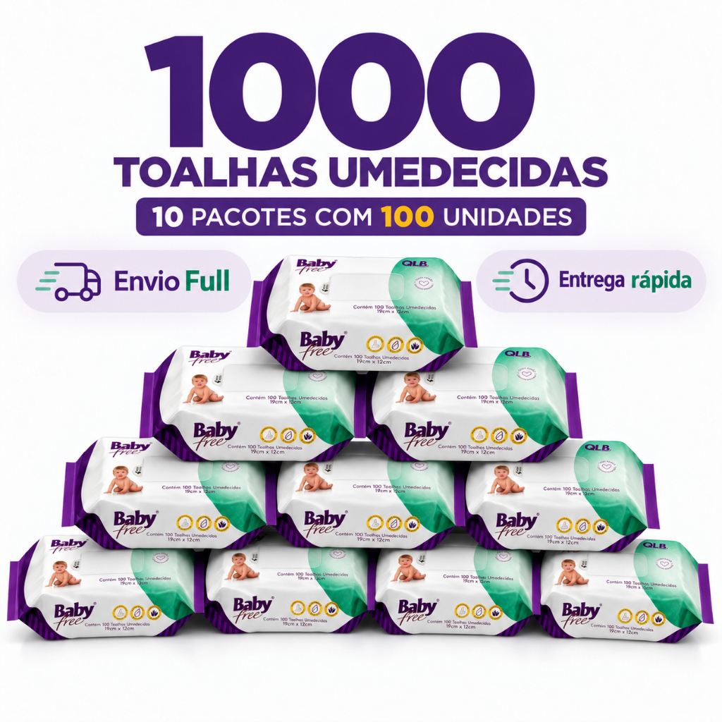 Caixa com 10 Lenços/Toalhas Umedecidas Baby Free c/ 100 Unidades Cada - Sem Tampa FlipTop