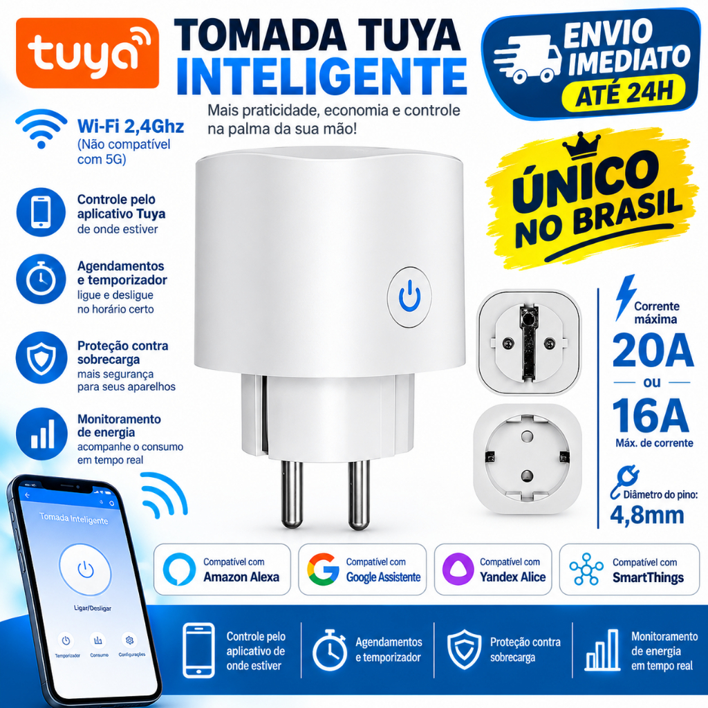 Tomada Inteligente WiFi EU 16A/20A com Monitor de Energia e Função de Temporização, Compatível com o aplicativo Tuya e S