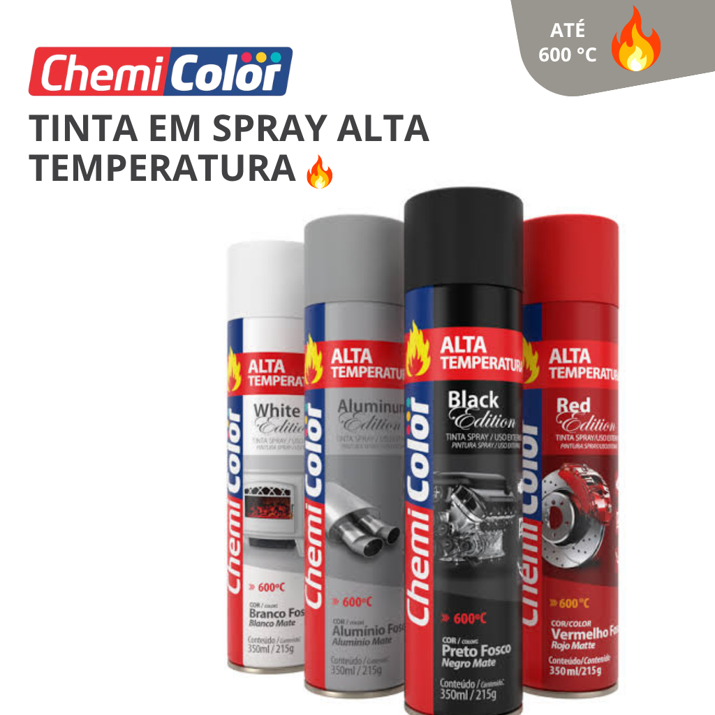 Spray Alta Temperatura, Preto Branco e Alumin Chemicolor 400ml Tinta Resistente ao Calor Escapamento Motor Churrasqueira