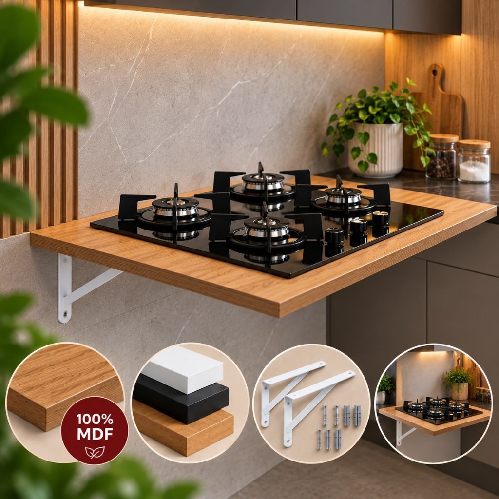 Tampo para Cooktop 4 Bocas com Mão Francesa MDF Bancada Balcão de Apoio Suporte