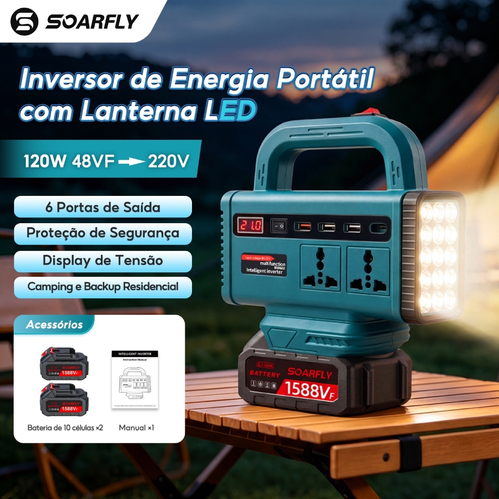 Inversor portátil com bateria de lítio e 2 baterias, com função de iluminação