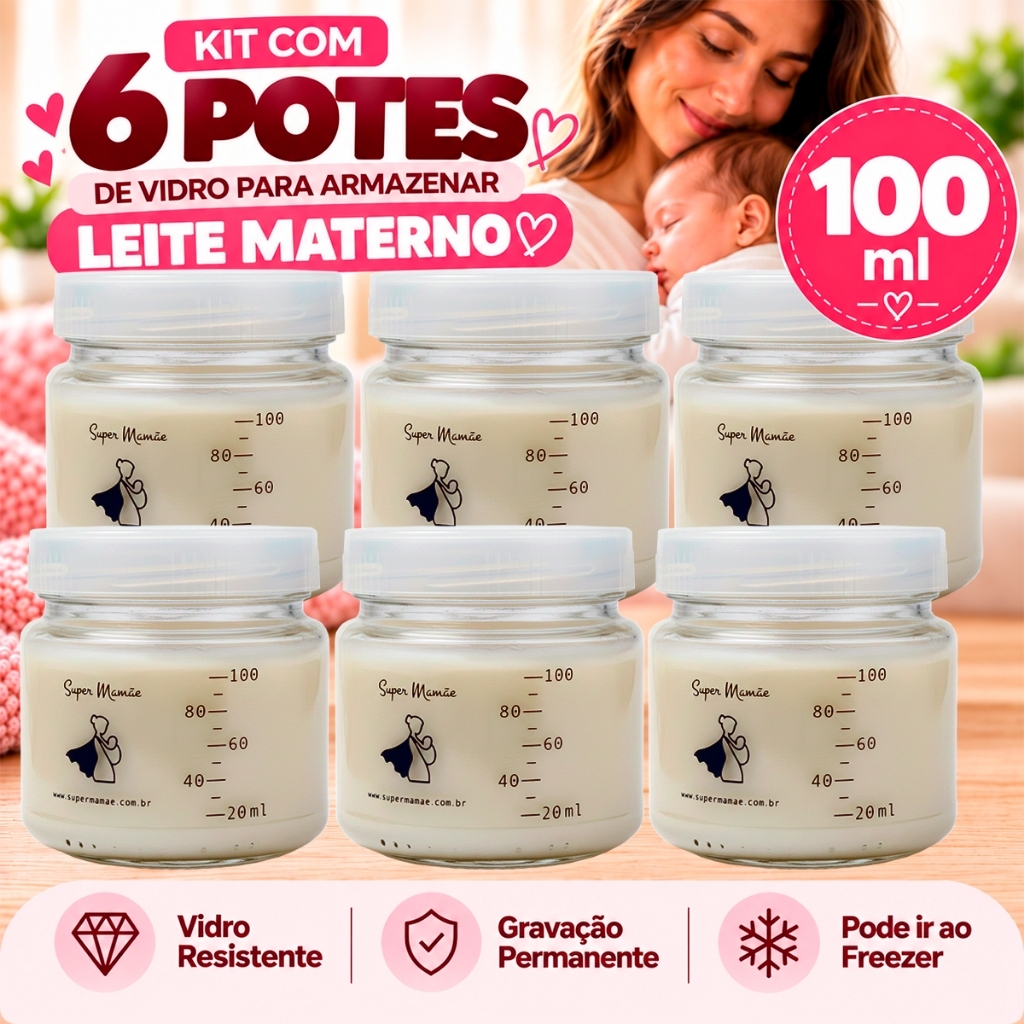 Potes Vidro para Armazenar Leite Materno Graduados 100ml 6 Unidades