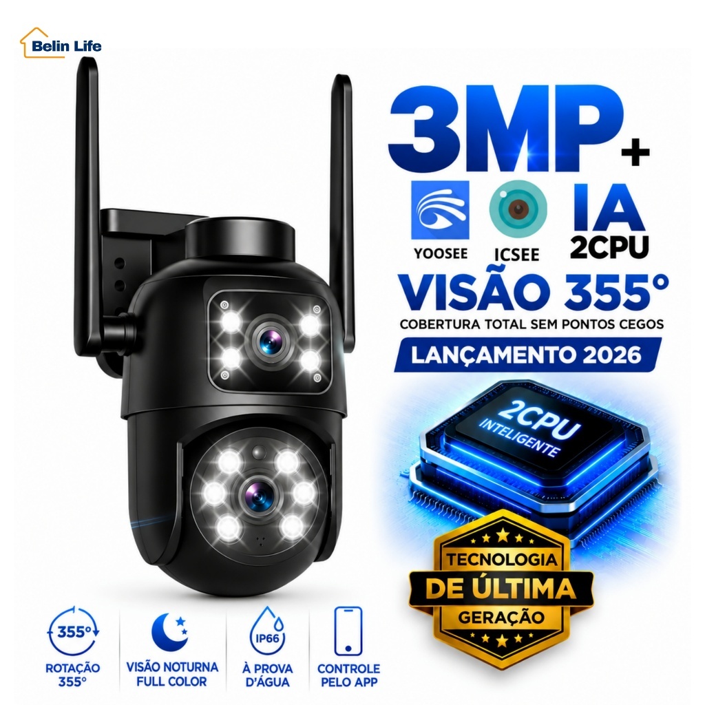 Câmera de Segurança A31 3MP iCSee ou YOOSEE PTZ 355° WiFi Visão Noturna Externa