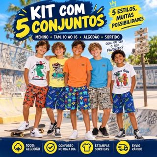 Kit 10 Peças Premium Roupa Infantil Menino Verão Masculino Algodão Premium 5 Camisetas + 5 Bermudas