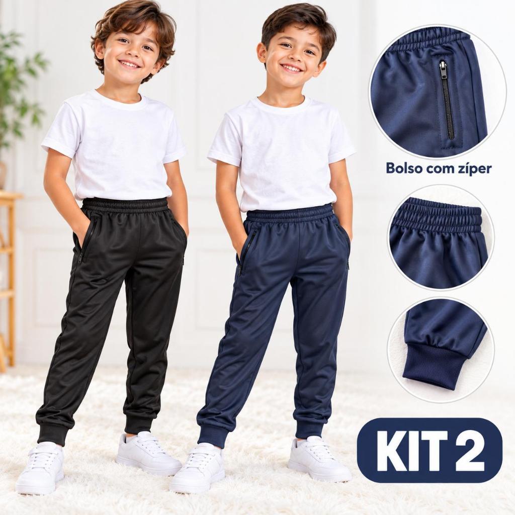 Kit 2 Calças Jogger Infantil Menino 10 ao 16 Bolso com Zíper Punho na Barra