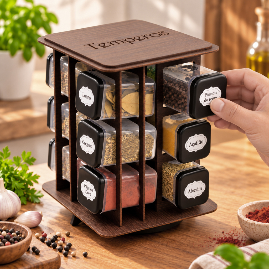 Porta Temperos Giratório 12 Potes MDF Organizador de Condimentos Especiarias para Cozinha 360 Graus
